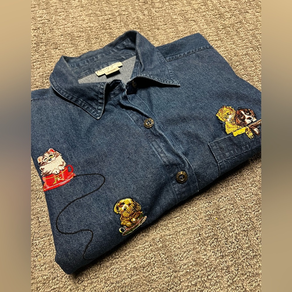 VTG Mary Jane short sleeve denim button up embroidered dog cat pocket 1x